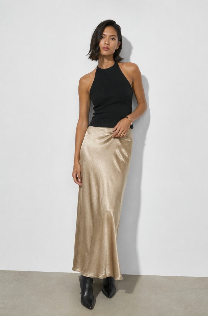 Babaton Aritzia Gold Satin Maxi Skirt Size 14 Minimalist Slip Champagne Gold